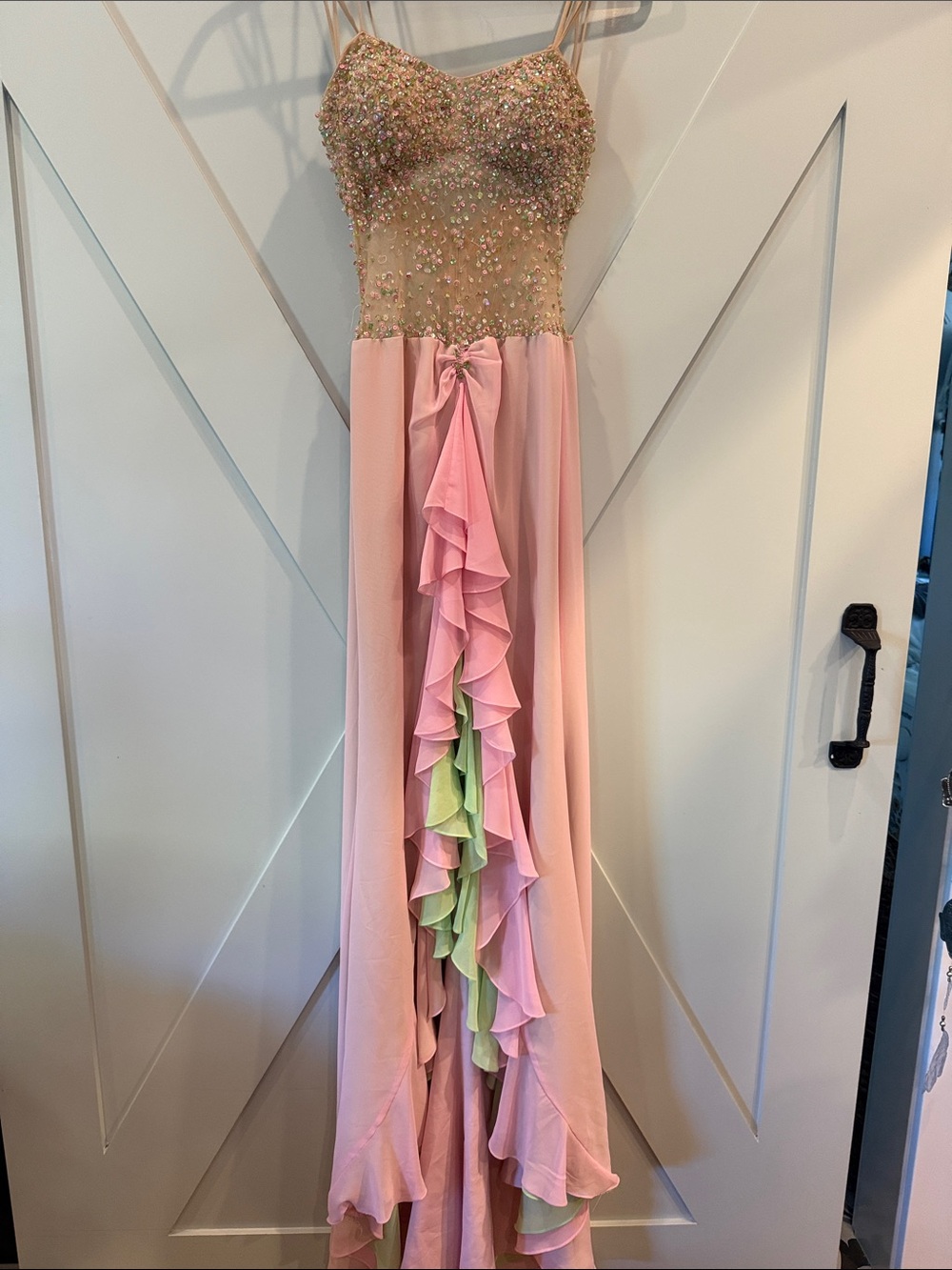 Vintage Embellished Pink Chiffon Gown with Ruffle Cascade